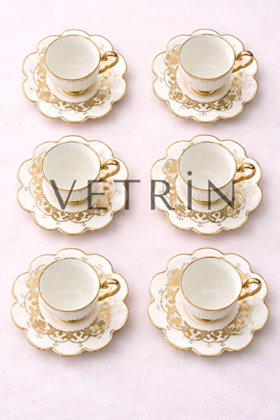 VETRİN 6-Piece Porcelain Luxury Stylish Gold Gilded Coffee Cup Set I 90 Cc I