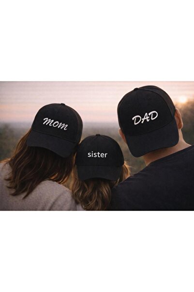 sf collection Μαύρο οικογενειακό καπέλο 3 τεμαχίων με στάμπα MOM & DAD & Sister