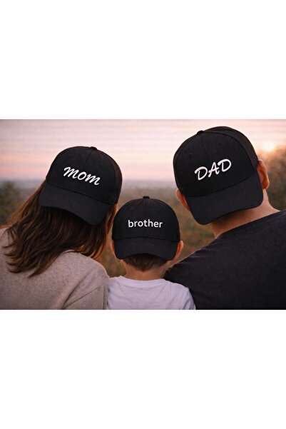 sf collection MOM & DAD & Brother Baskılı Siyah 3'lü Aile Kombin Şapka