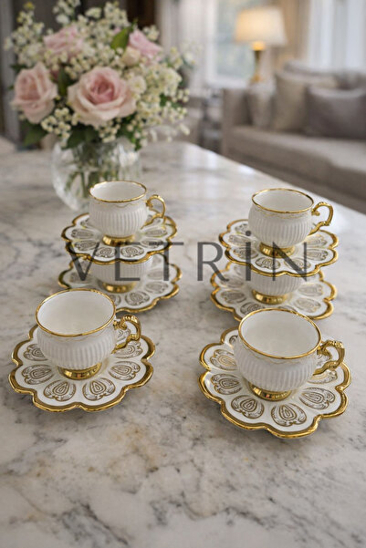 VETRİN 6'Lı Porselen Lüx Şık Altın Yaldızlı Kahve Fincan Takımı I 90 CC I