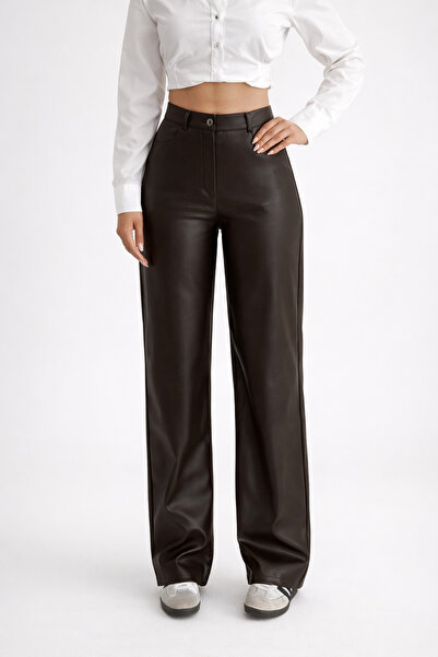 Lighter Jeans Γυναικείο δερμάτινο παντελόνι σε καφέ απόχρωση, ψηλόμεσο, φαρδι...