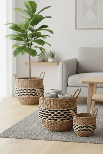 Bayev Σετ 3 τεμαχίων με λαβές, με μαύρο και άσπρο σχέδιο, μεγάλη πλεκτή ψάθιν...