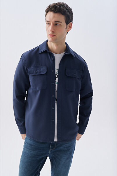 Mudo قميص بأكمام طويلة وجيب مزدوج ومقاس عادي