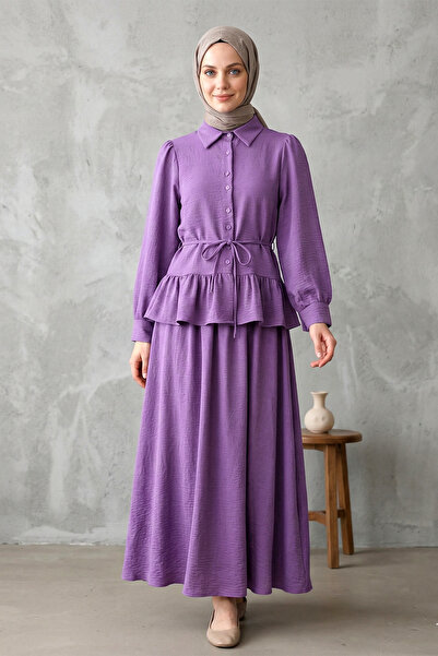FERHEL Hijab Buttoned Blouse and Skirt Set Ayrobin Fabric - Purple