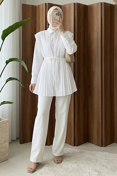 MODAQU Μπροστινό και πίσω τούνικ με λεπτομέρεια από πλέγμα και κουμπιά - Λευκό