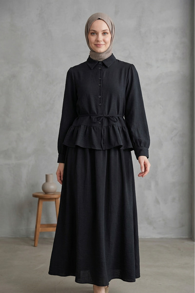 FERHEL Σετ μπλούζα και φούστα με κουμπιά υφάσματος Ayrobin - Μαύρο