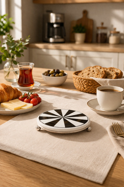 ferayhome Nihale Çaydanlık Tava Altlığı Siyah Dik Çizgili GÜMÜŞ - Feray Home