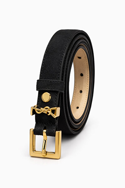 Velvoria Μαύρη Χρυσή Γυαλιστερή Λεπτή Σουέτ Ζώνη με Αγκράφα