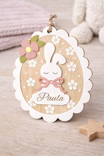 Creative Soul Decor Paște personalizat din lemn cu nume – iepuraș floral