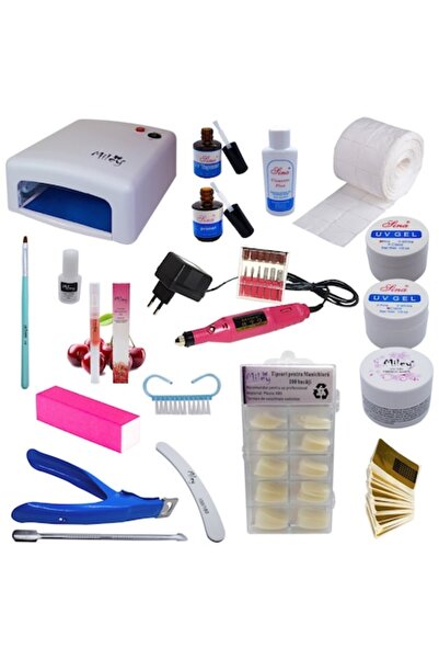 miley Kit unghii false cu gel UV, lampă UV, pilă electrică și geluri de const...