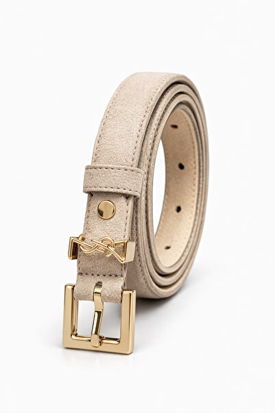 Velvoria Μπεζ χρώμα, λεπτή σουέτ ζώνη με χρυσή γυαλιστερή πόρπη