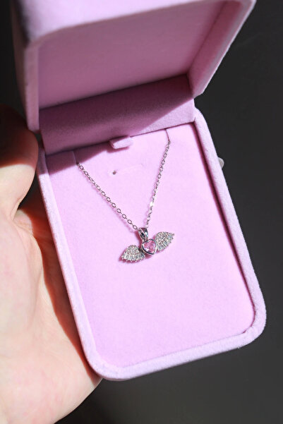 Harlofia Jewelry Çelik Melek Kanatlı Pembe Kalp Kolye