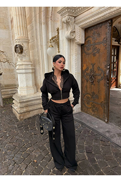 kırmızı butiks Μαύρο Σετ Φόρμας με Διακοσμητικά Κορδόνια