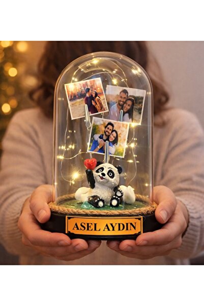hediye arıları Kişiye Özel Fotoğraflı & Yazılı Sevimli Pandalı Fanus Led Işık...