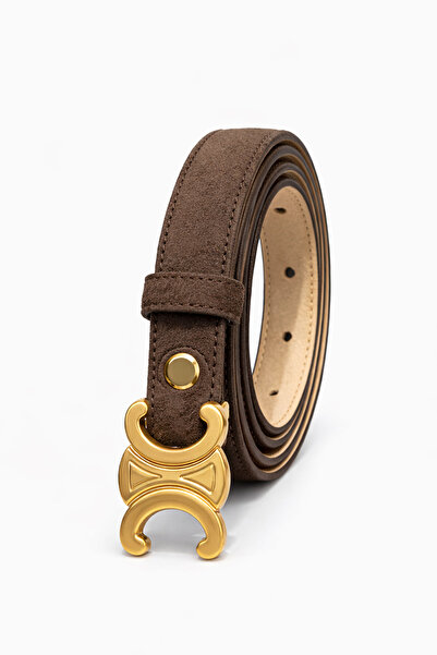 Velvoria Brown Color Shiny Gold Buckle Thin Suede Belt