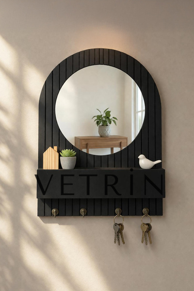 VETRİN Decorative Wooden Hanger with Mirror and Shelves