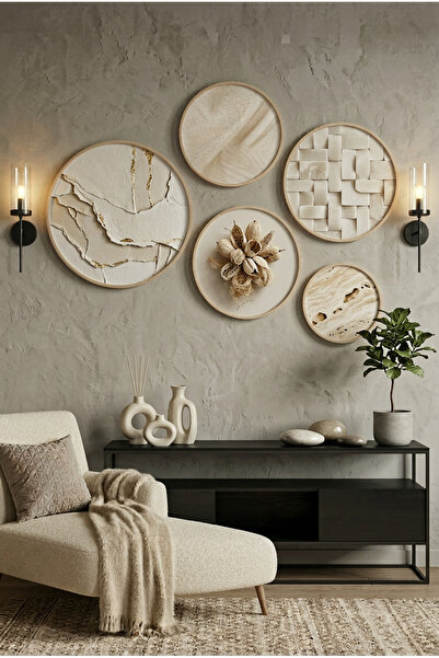 huhuli Σετ 5 Ξύλινων Στρογγυλών Πινάκων με Ξύλινο Πλαίσιο Λευκά Λουλούδια Μον...