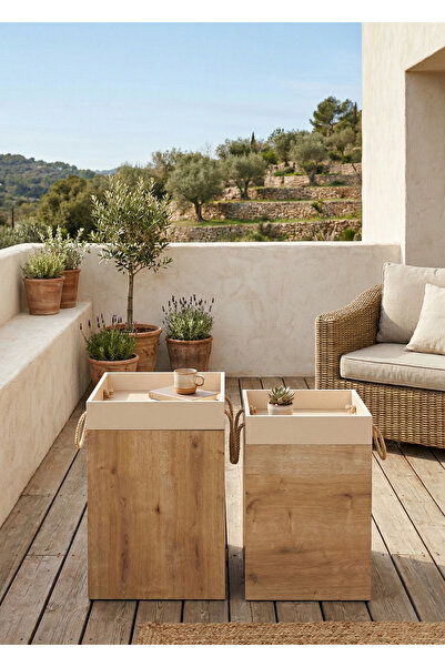 BAYHENNE Dekoratif Ahşap Orta Sehpa & Kapaklı Sandıklı Yan Sehpa 2’li Set MON...