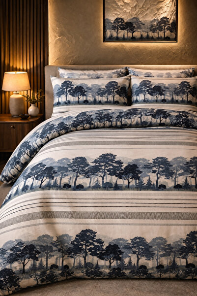 MORE HOME Double Duvet Cover Set with Elasticized Sheets Tree Pattern Blue White