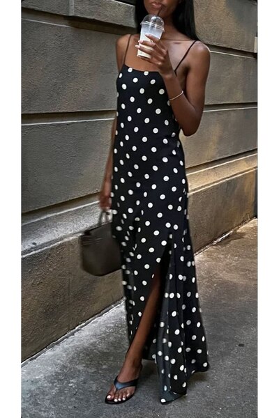 Noi Belis Puantiyeli Maxi Boy Yırtmaç Detaylı Askılı Dokuma Elbise SS26EL0011