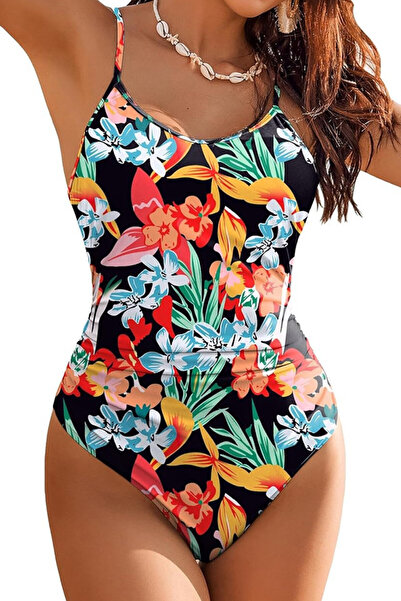 EFAYN.RO Swimsuit, one piece, cheerful pattern, summer story, size XL, black ...