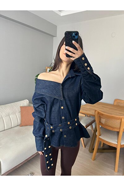Neslion Butik Bel Detaylı Zımbalı Kot Denim Gömlek