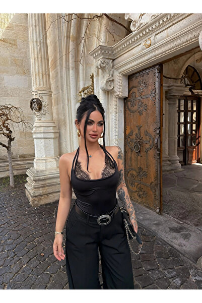 kırmızı butiks Μαύρο ολόσωμο κορμάκι με δετά λουράκια στο λαιμό