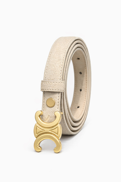 Velvoria Μπεζ χρώμα, γυαλιστερή χρυσή αγκράφα, λεπτή ζώνη από σουέτ