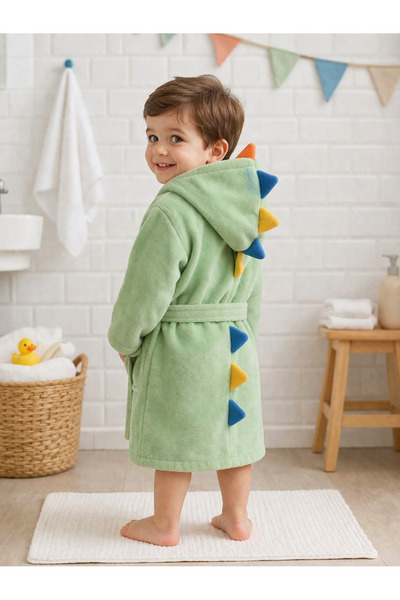 GÜRPAMUK HOME & BABY 100% Cotton Outlet Girls' and Boys' Bathrobe Green Dinos...
