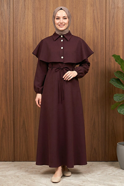 FERHEL Φόρεμα με λεπτομέρεια πέπλου χιτζάμπ, ελαστικό μανίκι και ζώνη - Δαμασ...