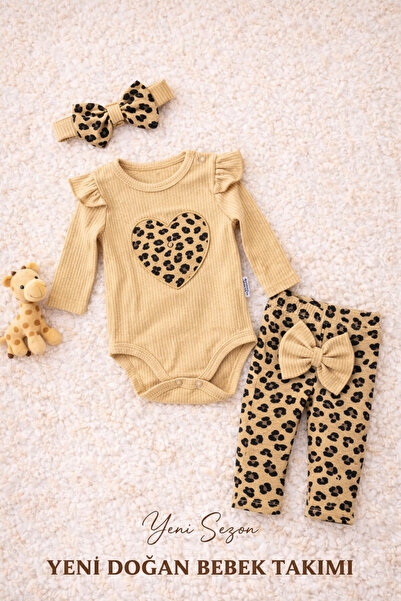 Chicsy Baby Tatlı Kız Bebek Kalpli Leopar Desenli Tarz Fitilli 3’lü Takım Saç...