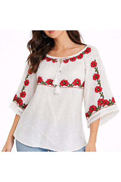 Nobrand Παραδοσιακή λευκή μπλούζα, κόκκινο φλοράλ κέντημα, φαρδιά δαντελένια ...