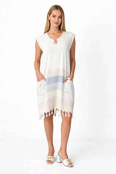 DRESSY LIFE Handmade Embroidered Sleeveless Peshtemal Beach Dress with Pocket...