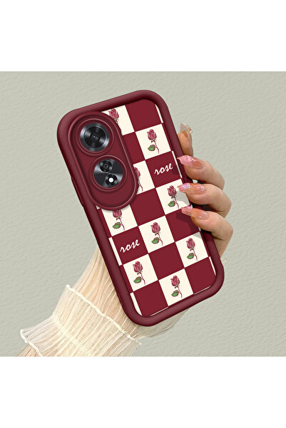 ARTISHELL Oppo A60 Uyumlu Zarif Gül Desenli Satranç Desenli Bordo Silikon Tel...