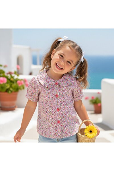 OEM Κοριτσίστικη κοντομάνικη μπλούζα, με φλοράλ σχέδιο, κομψή και μοντέρνα, ά...