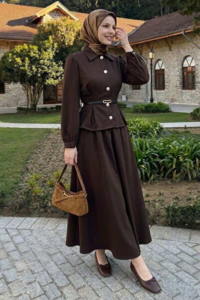 InStyle İnce Kemerli Gömlek Etek Acı Kahve Duble Takım
