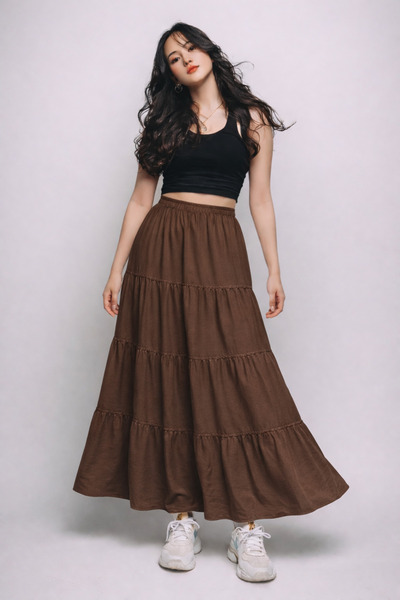 COMBİNE MİCHAİL Γυναικεία ψηλόμεση καλοκαιρινή φούστα σε στρώσεις καφέ μακριά