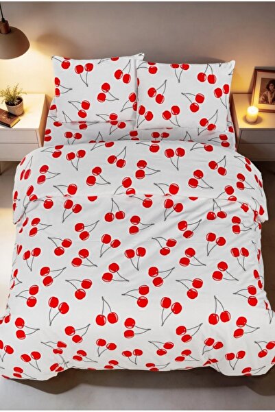 EVRİZON Σετ διπλού παπλωματοθήκης με σχέδιο κεράσι |   Κόκκινο-Λευκό, Βαμβακε...