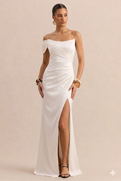 AFR CLOTHES Women's Satin Off-Shoulder Maxi Length Slit Evening Dress