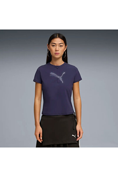 Puma DARE TO Slim Graphic Tee Lacivert Kadın Fermuar Detaylı Dar Kesim T-Shirt