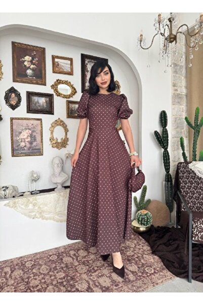 MODA DURAĞI Balloon Sleeve Polka Dot Patterned Maxi Long Premium Dress Brown