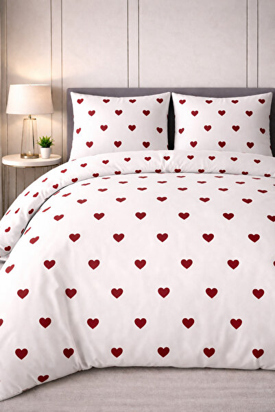 MORE HOME Double Duvet Cover Set with Elastic Sheets and Heart Pattern in Whi...