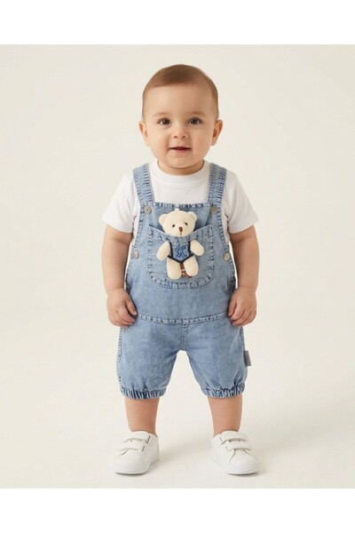 VOY KİDS Baby Boy Denim Salopet and White T-Shirt Summer Set with Teddy Bear ...