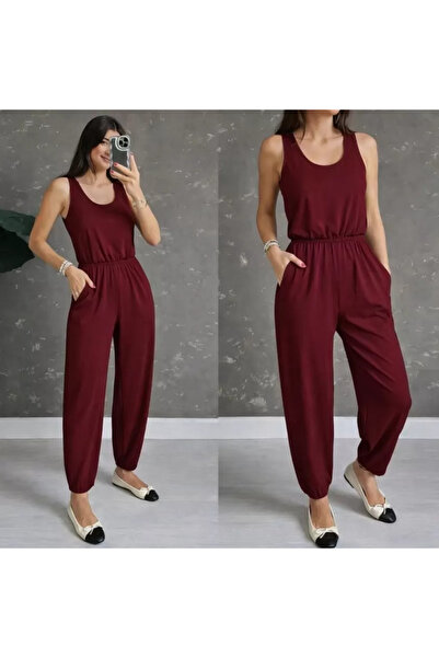 Kanonik Education Women's Strappy Round Neck Viscose Jumpsuit with Pockets