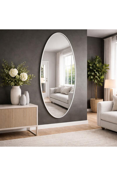 Aypars Atölye Modern MDF çerçeve Oval Boy Aynası 40x120 cm – İnce Gümüş Çerçe...