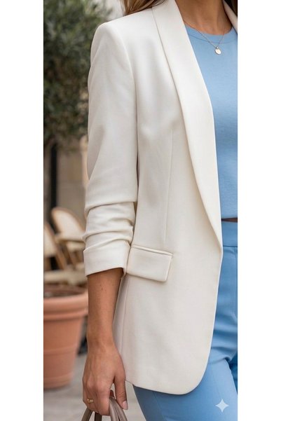 MODA Ecru Buttonless Shawl Collar Blazer Jacket with Gathered Sleeves and Lining