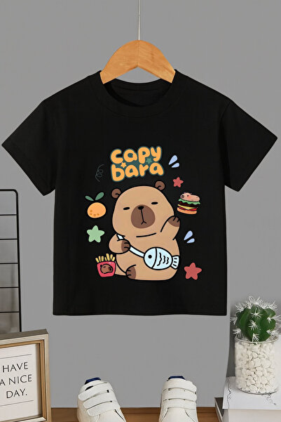 MECH BUTİK Μπλουζάκι με στάμπα Capybara, Unisex, μαύρο-λευκό, με κοντά μανίκια