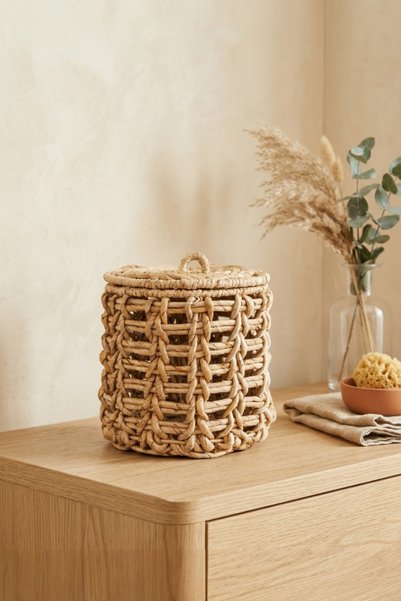 oceanpoint Hand Knitted Wicker Basket with Lid, Multi-Purpose, Decorative Item Basket, 25 cm