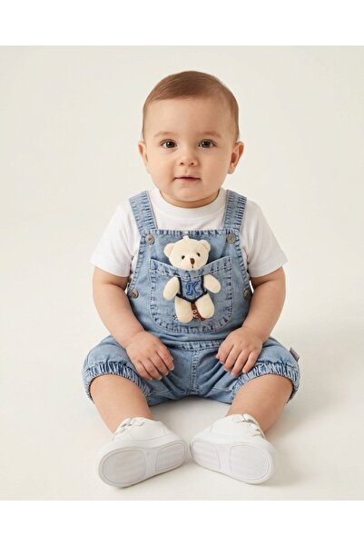 Ege Bebek Erkek Bebek Yazlık Ayıcık Aksesuarlı Kot Salopet ve Beyaz T-shirtlü...