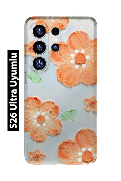 FLAMENKO Samsung Galaxy S26 Ultra Uyumlu Turuncu Çiçek Yağlıboya Desenli Şeff...